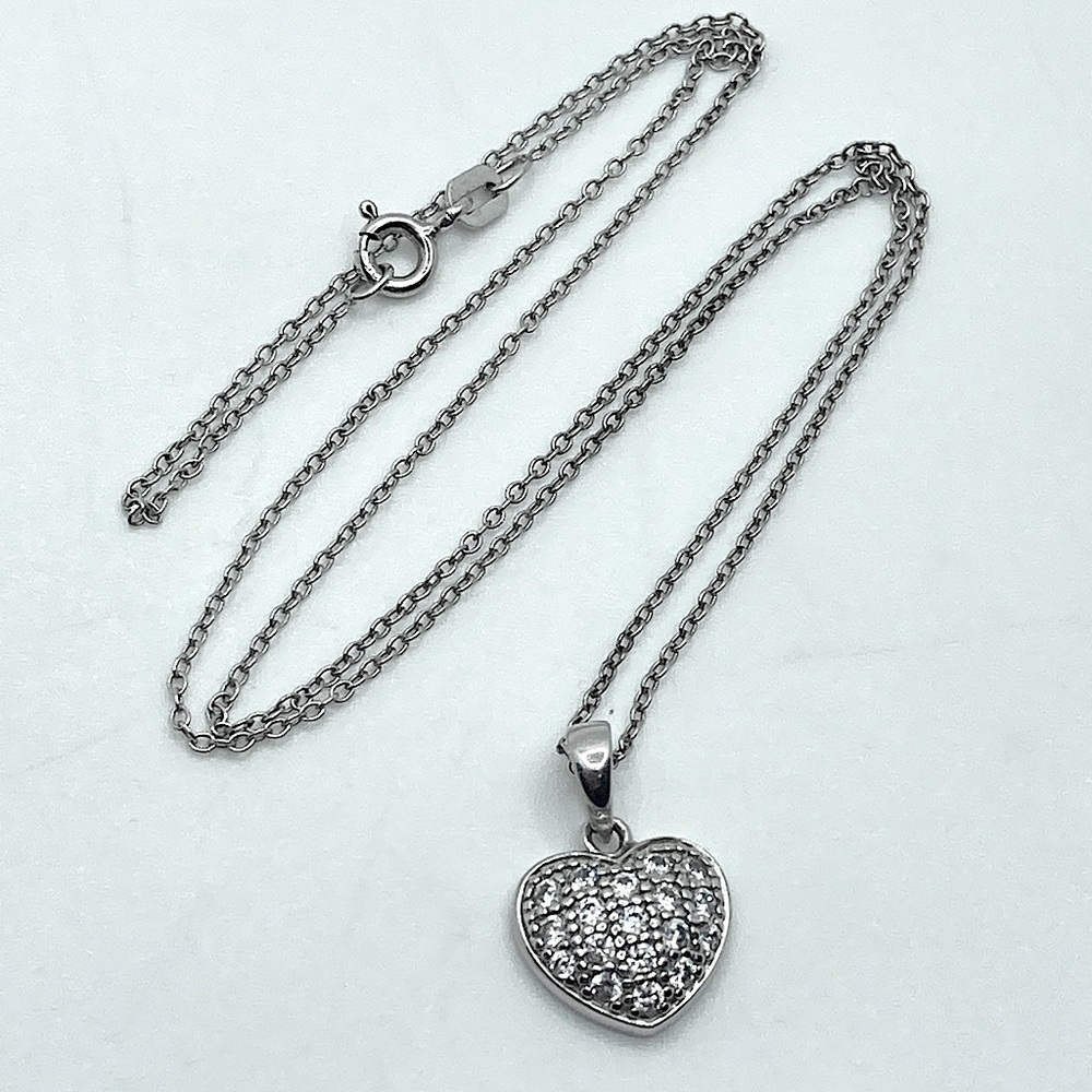 VTG Sterling Puffy Heart Pendant w Pavé Set Cubic Zirconia Stones 18” Chain